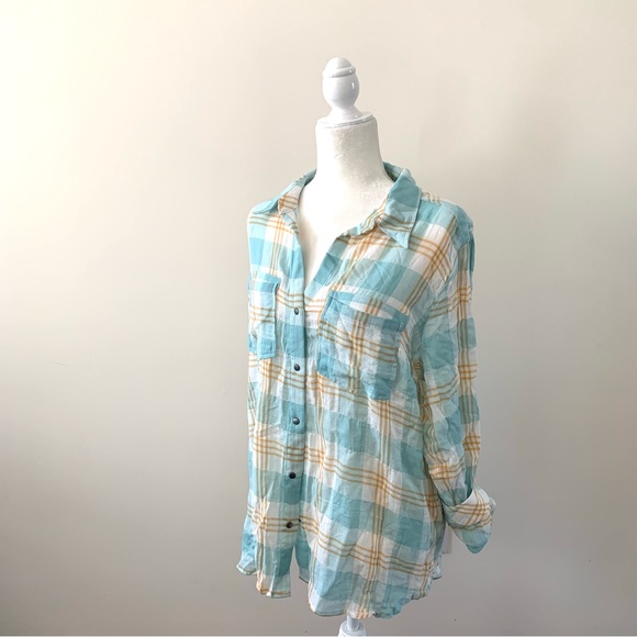 Kut from the Kloth - Aqua and Gold Plaid Shirt - XL - Picture 1 of 9